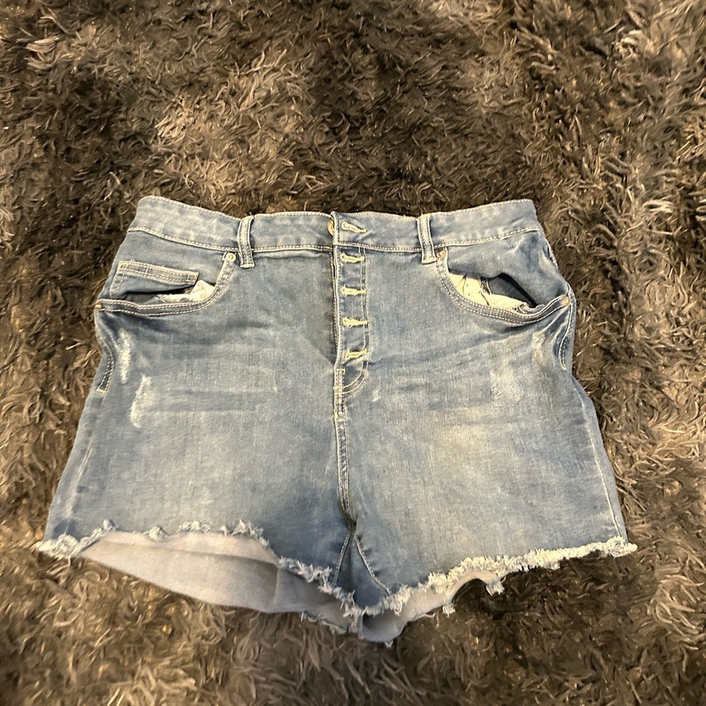 Blue Jean Shorts with Distressed Look and Frayed Hem
